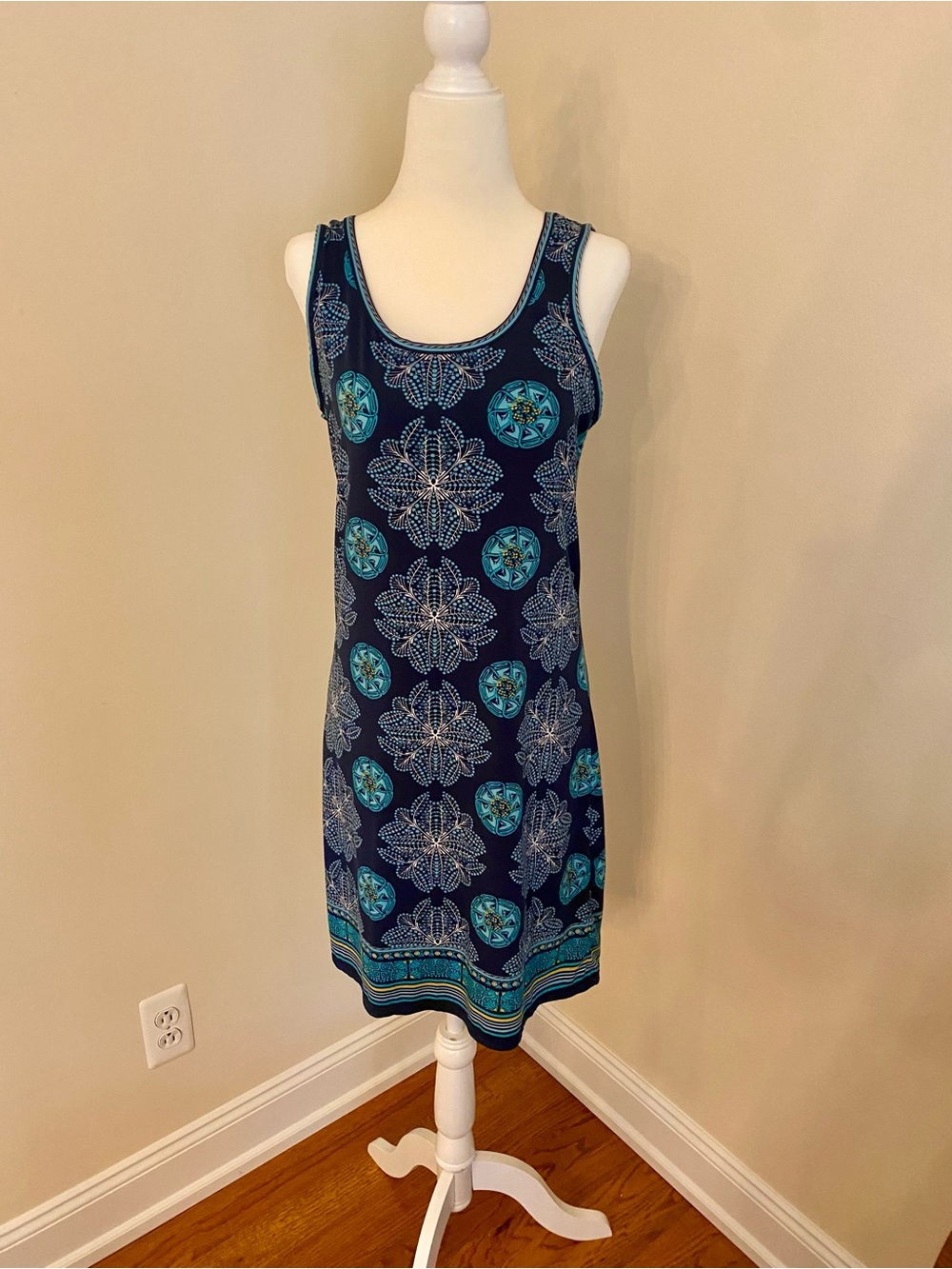 Max Studio Navy Dress with Teal Medallion Print